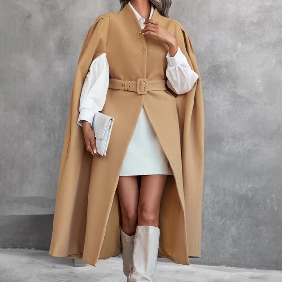 MODA ME COUTURE Jackets & Blazers - Contemporary Chic Tan Belted Long Cape Overcoat Jacket